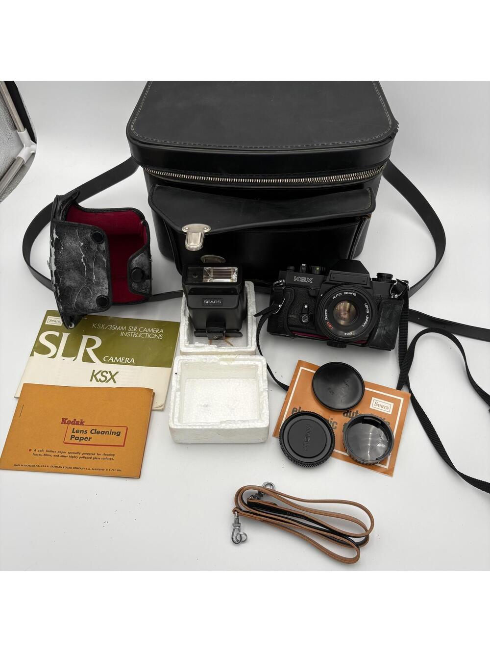 Vintage Sears KSX 35mm SLR Camera with Accessories and Leather Carrying Case
